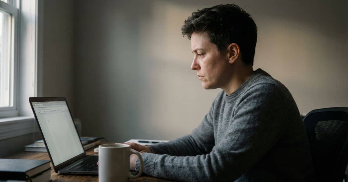 budget AI caption writing struggle, creator staring at blank laptop screen in dim home office with cold coffee