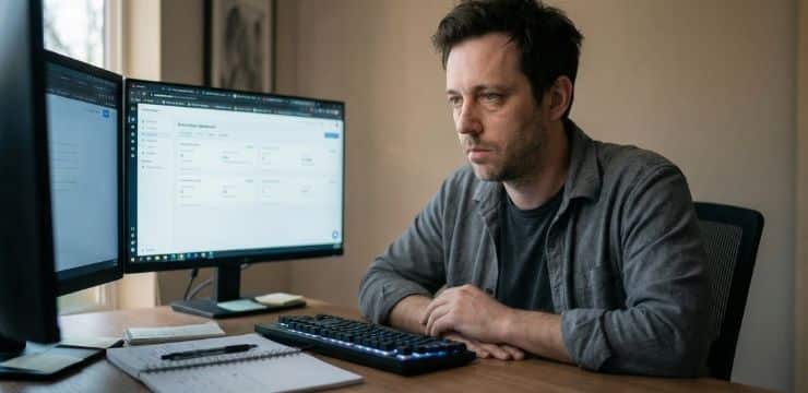 SEO creator working in organized home office with morning light, representing automated publishing workflow