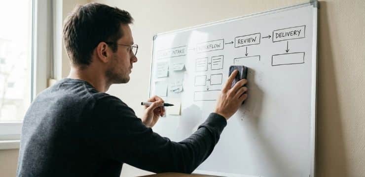 Small business founder organizing workflow system on whiteboard in daylight, emphasizing systems over hustle