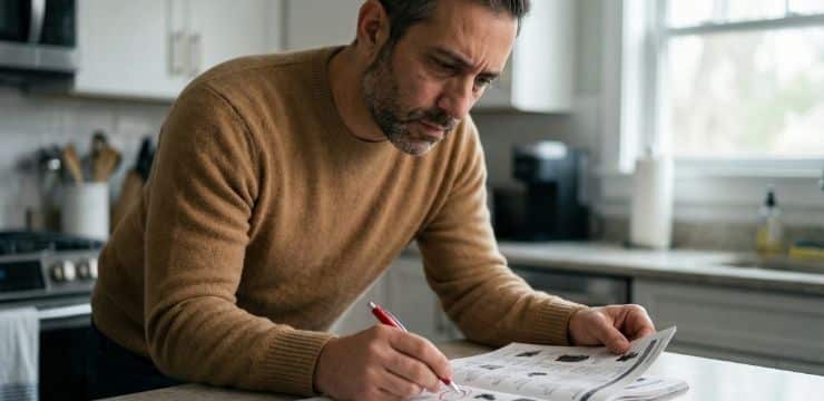 Founder marking product listings in kitchen morning light, reviewing supplier catalog pages