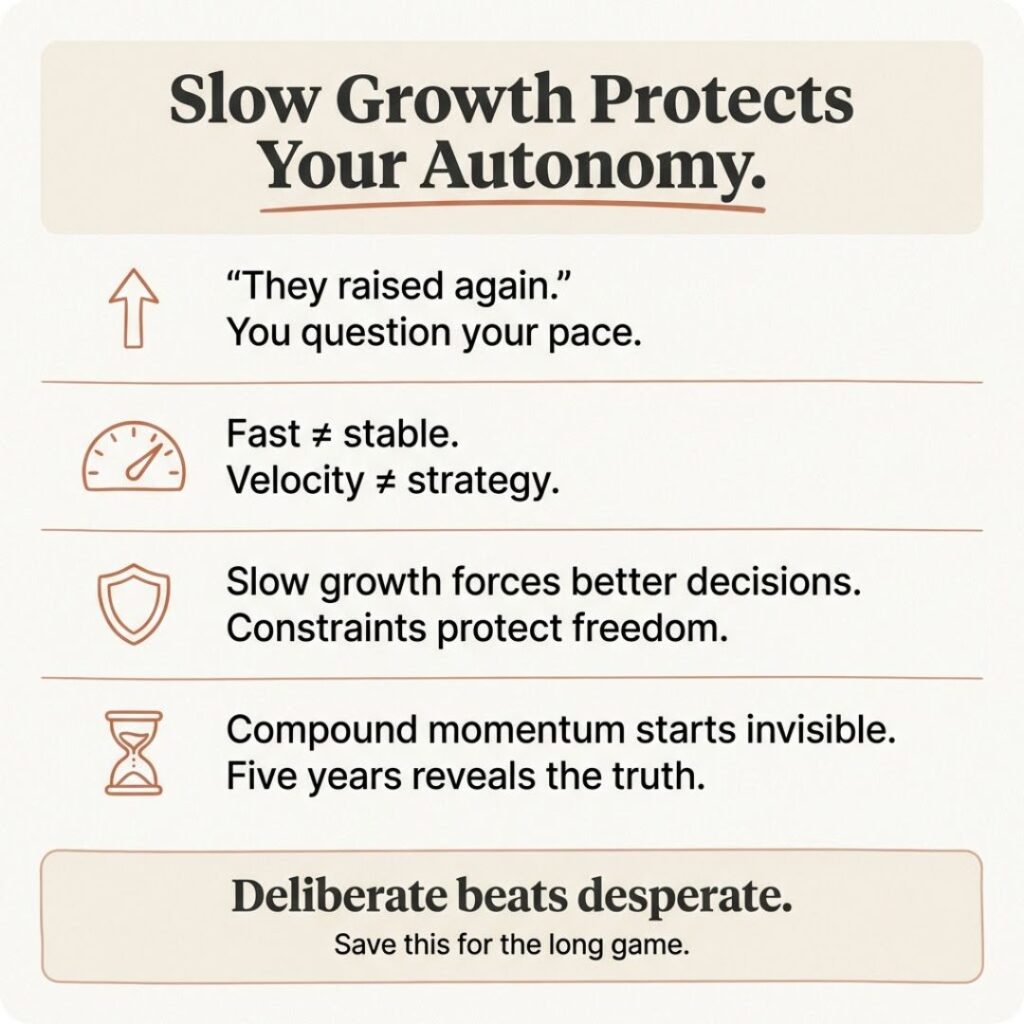 Slow growth business infographic showing autonomy-focused scaling mindset for bootstrapped founders