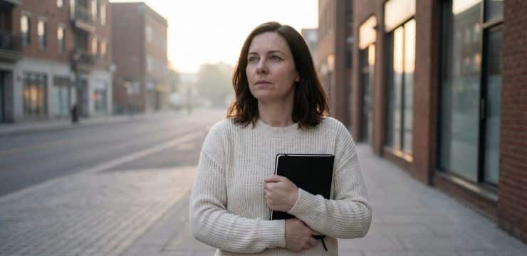 Speed Meets Human Soul AI vs human writing strategy as female creator walks at dawn holding notebook on quiet city street