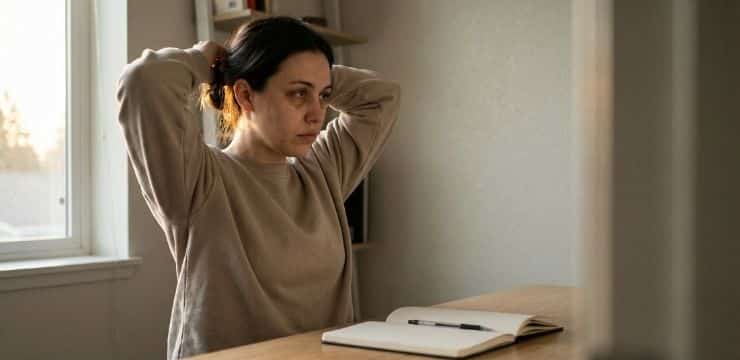 Stop Second-Guessing, Start Moving Founder staring at crowded inbox on laptop with cold coffee on desk, showing hustle burnout in small office