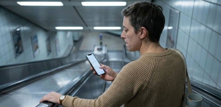 Humanize AI text: Content creator riding metro escalator, gripping rail while checking phone under cool station lights