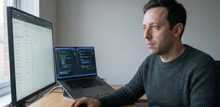 AI workspace consolidation scene with founder using single monitor in clean office