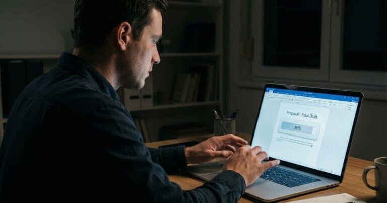 small business founder frozen at laptop with proposal progress bar at 90% in dim home office