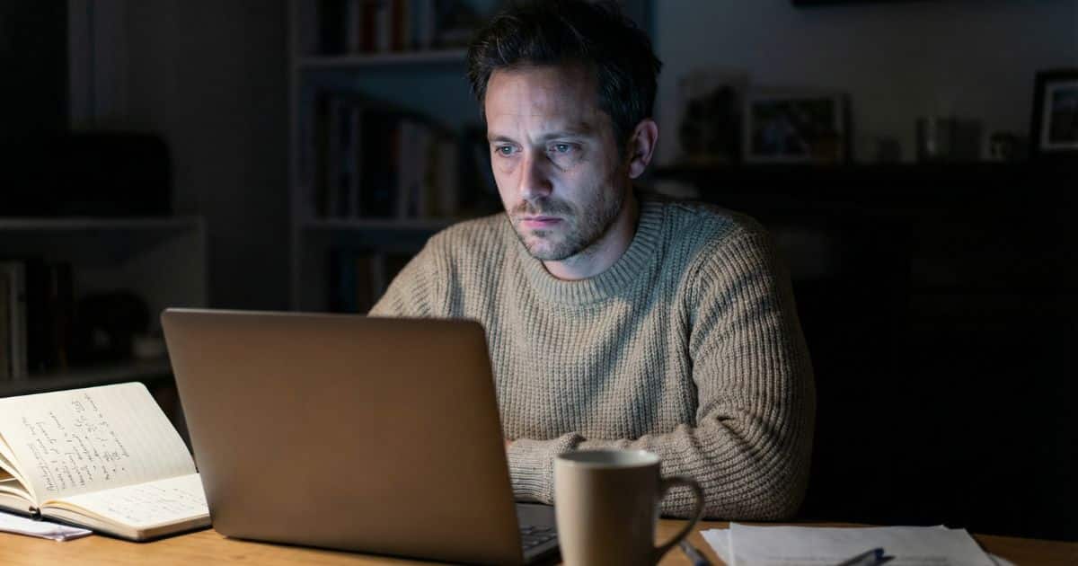 Course creator staring at laptop in dim home office after AI rewrite, open notebook on desk at night