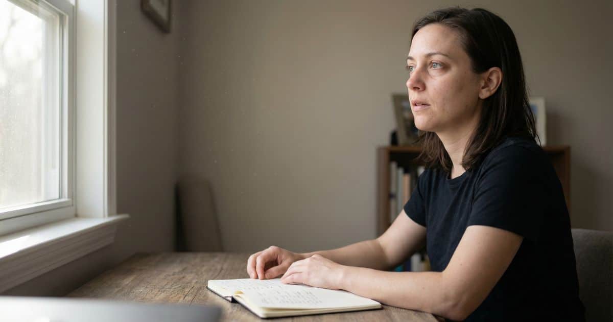 uplifting quotes concept, person at desk in soft morning light pausing with open notebook in home office