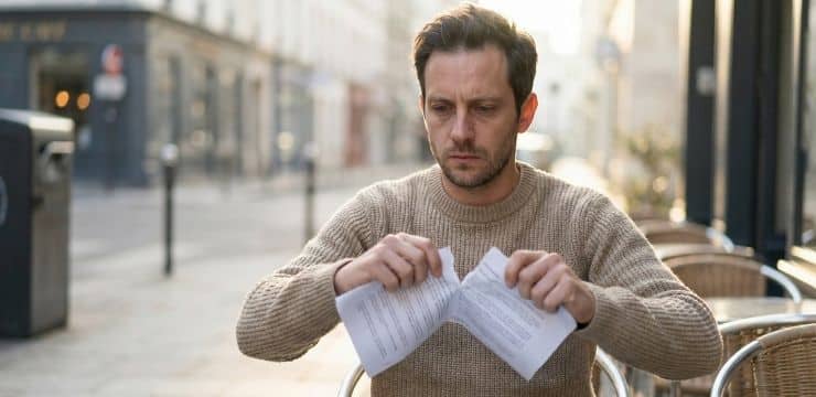 Course creator tearing printed AI draft at outdoor café in morning light, reclaiming his teaching voice