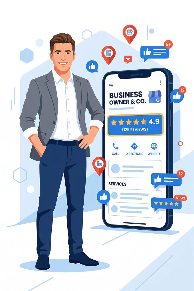 A minimal flat illustration of a business owner standing confidently next to an oversized smartphone displaying a Google Business Profile interface with five-star reviews