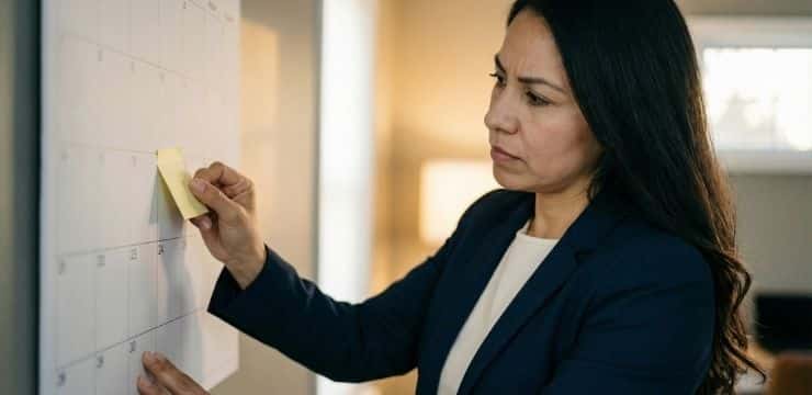 SaaS pipeline content strategy, founder placing meeting note on empty calendar to track demo bookings
