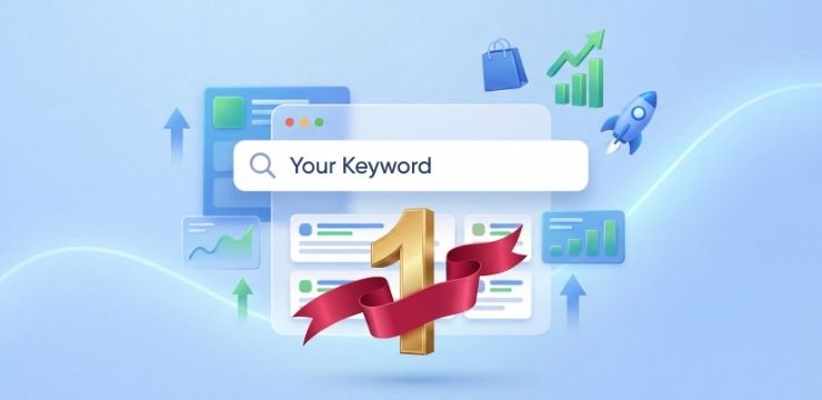 Google search ranking illustration, keyword ranking number one position with seo growth and analytics icons