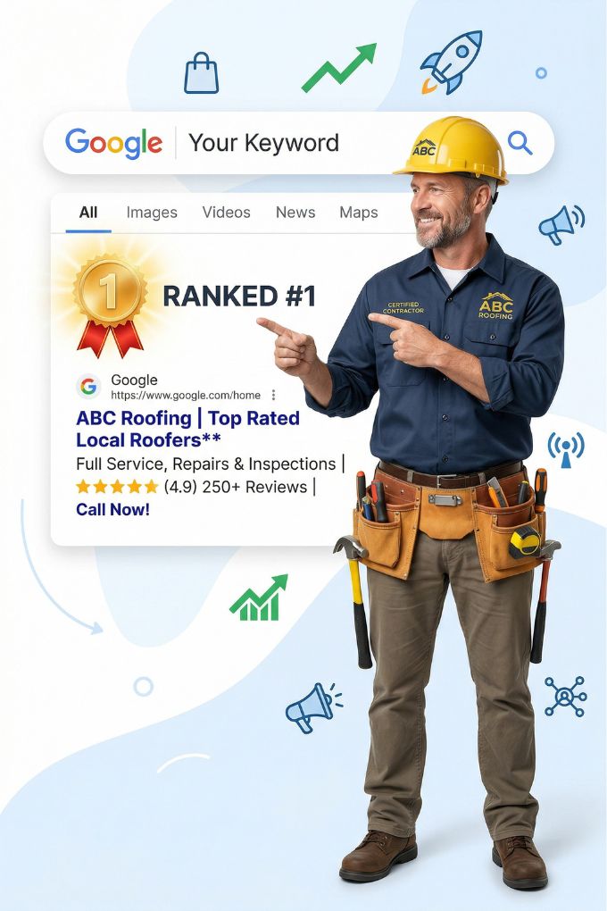 Google search ranking for local business, roofer pointing to number one keyword position in search results illustration