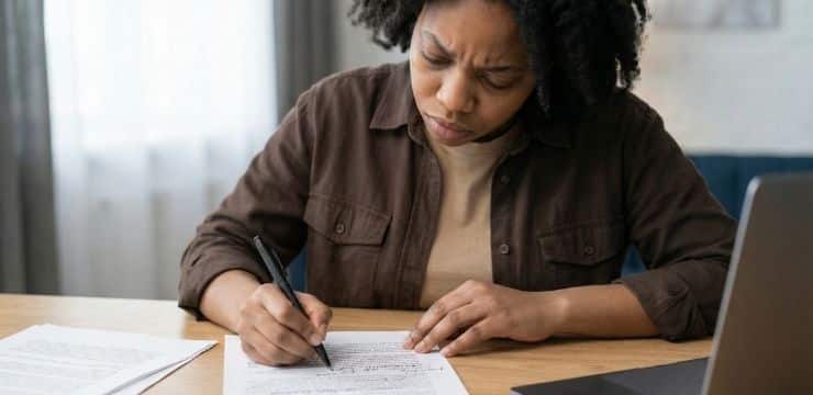 Editorial content optimization process, black female SEO copywriter editing printed article with pen at morning desk