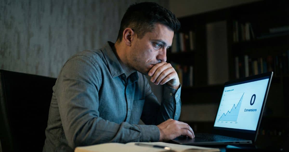 Content marketing traffic but no leads, founder reviewing analytics dashboard at night in home office