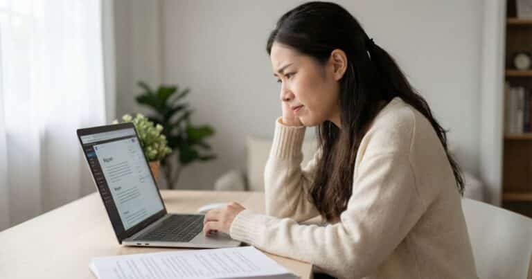 Video transcript blog post not ranking, a female content creator reviewing repurposed content draft at desk with printed pages