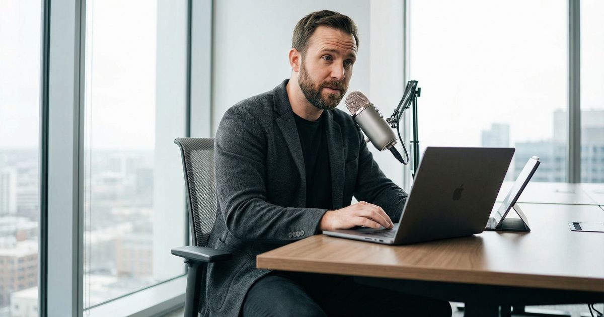 B2B content repurposing distribution strategy, professional recording podcast at desk with laptop and tablet in modern office