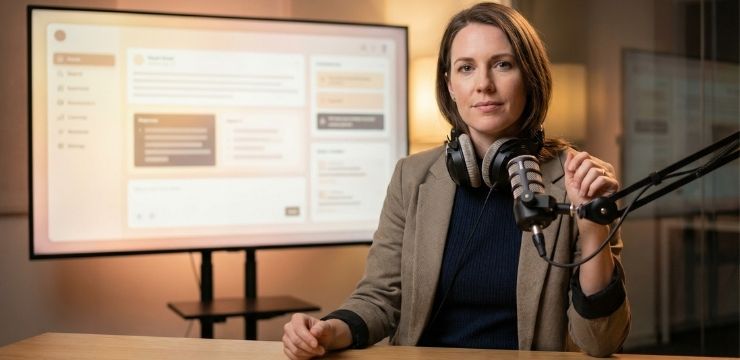 AI search recommendations citing creator, female podcast host reviewing content in recording studio with authoritative presence