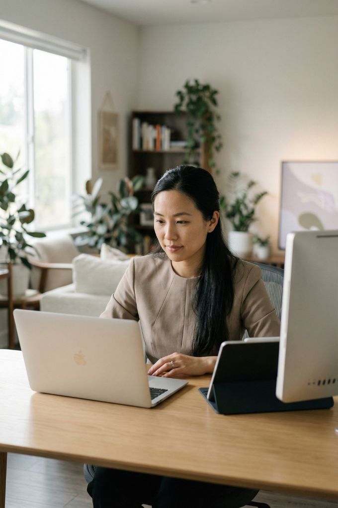 Content authority growth strategy, asian female creator working on laptop with scalable content system in modern workspace