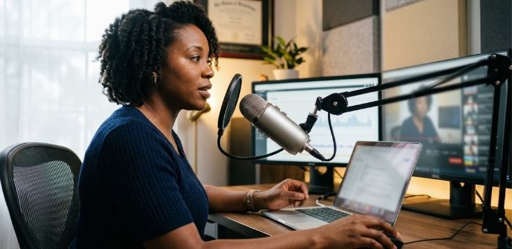 B2B podcast content repurposing strategy, black female creator recording webinar in home studio with multi platform workflow setup