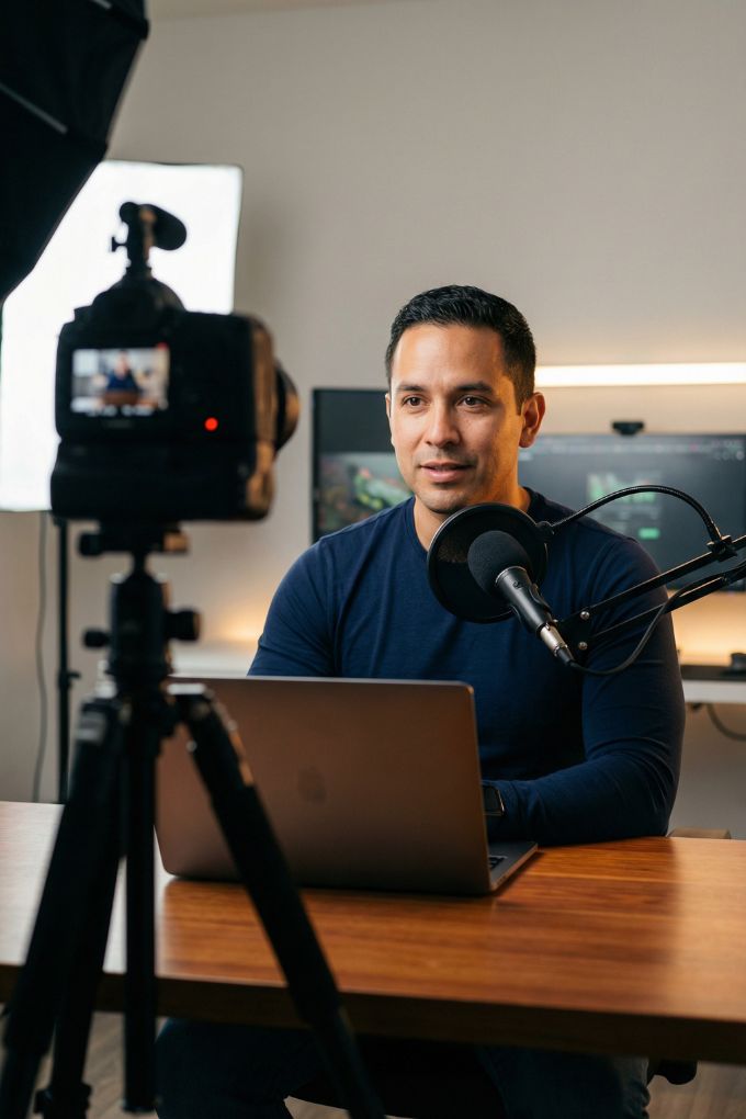 Content visibility across platforms, an Hispanic course creator recording youtube content in studio with multi channel presence