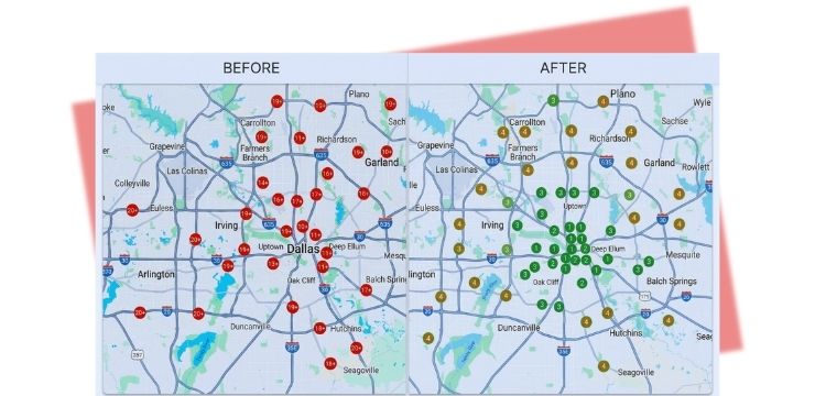 Local SEO monthly packages rankings results showing before and after Google Maps grid overlay from a GMB optimization service