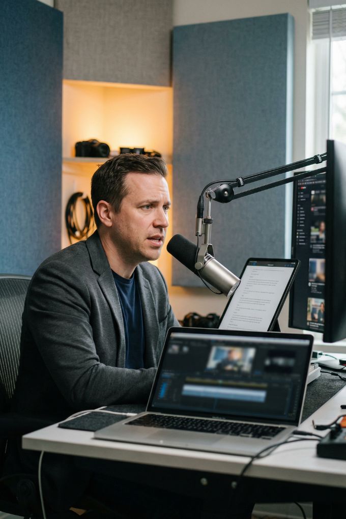 Content repurposing workflow for creators, professional recording podcast with multi platform content system in modern studio