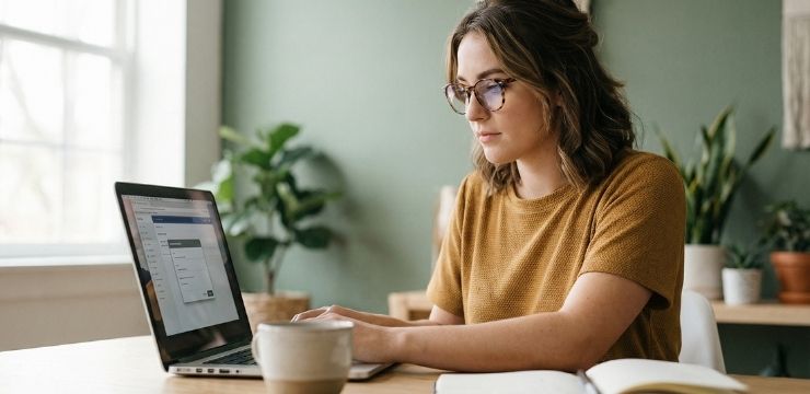 Google business profile optimization workspace, female professional working on laptop with local business visibility context