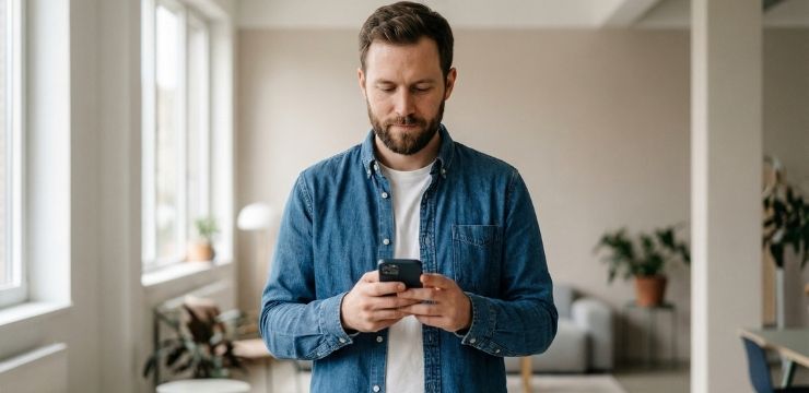 Mobile content engagement growth, male professional checking smartphone in modern workspace with natural light