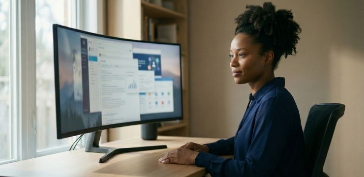Content visibility across search and ai platforms, black female professional reviewing results on monitor in modern office